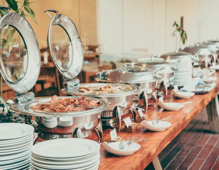 Selective focus point on Catering buffet in hotel restaurant - Vintage filter effect